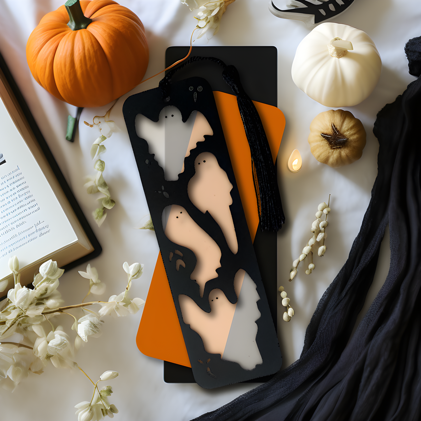 Spooky black bookmark with inlaid translucent white ghosts, and matching silky tassel. Handmade gift for book readers.