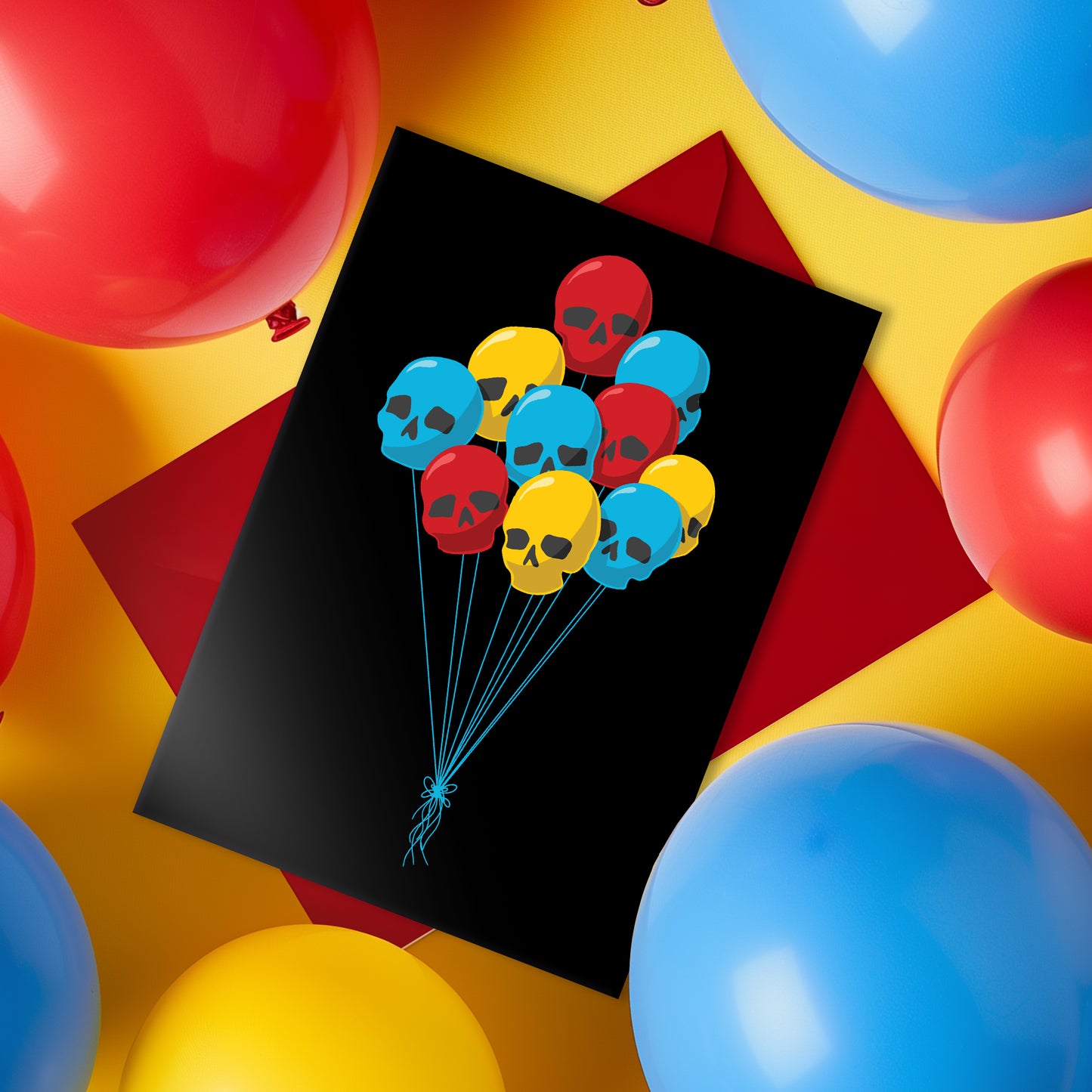 Black birthday card featuring a bunch of colourful skull-shaped balloon with blue string, perfect for alternative and spooky celebrations.