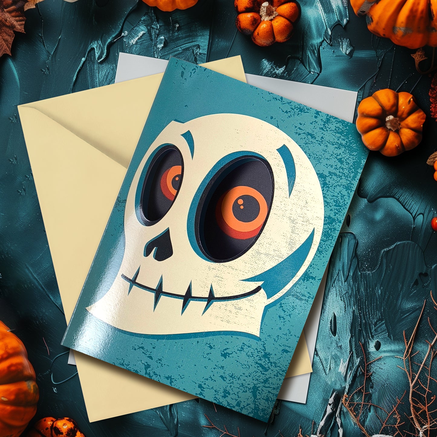 A glossy blue A5 Halloween card with a skull design, featuring cut-out eyes that reveal an eerie gaze inside, styled with gothic Halloween props.