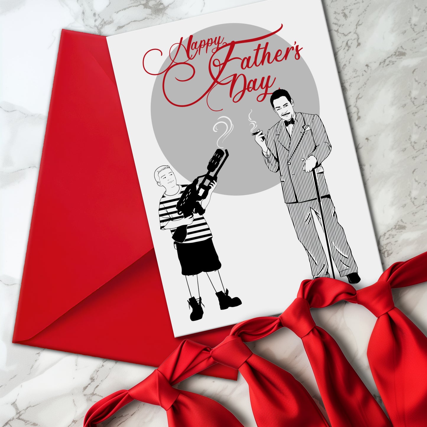 Gothic Father’s Day card featuring Gomez Addams with Pugsley holding a weapon, and Wednesday Addams illustration on the back. Includes red envelope. A5 size with gothic family humour for Wednesday fans and spooky alternative dads.