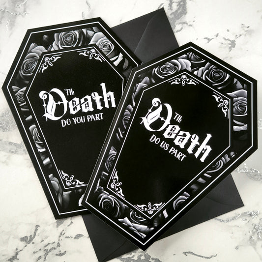 Coffin-shaped gothic wedding or anniversary card with the phrase "Til Death Do You Part" or "Til Death Do Us Part" on a black background, surrounded by monochrome roses. Subtle black and white rose inner print and a black envelope.