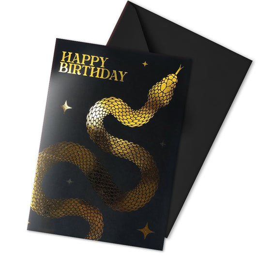 Handmade gothic birthday card with metallic foil snake design on black cardstock, available in gold or silver with coloured interiors and matching envelope.