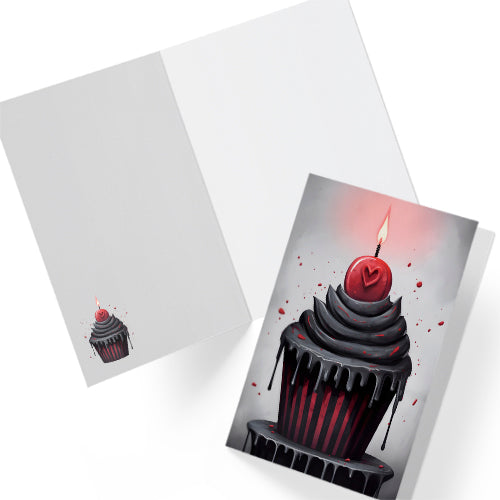 Glossy A5 birthday card featuring a gothic cupcake with black icing, red-striped wrapper, and a blood-red cherry candle. Splattered background, blank inside, includes deep red envelope. Perfect for spooky, horror-loving, or alternative birthdays.