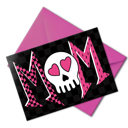 A large A5 greeting card with a black and grey checkerboard background. The bold text design features two Ms in classic emo patterns (one checkerboard, one lightning bolt) and a skull with heart eyes replacing a letter so it can read Mom, Mum, or Mam. The inside is blank with a checkerboard border. Comes with a hot pink envelope.
