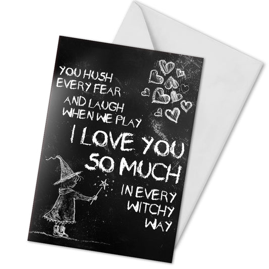 A black A5 greeting card with a chalkboard-style background, featuring a hand-drawn witch illustration casting a spell with floating love hearts. A sweet rhyming poem is written in chalk-style lettering. The card reads Happy Mother's Day inside and comes with an envelope.