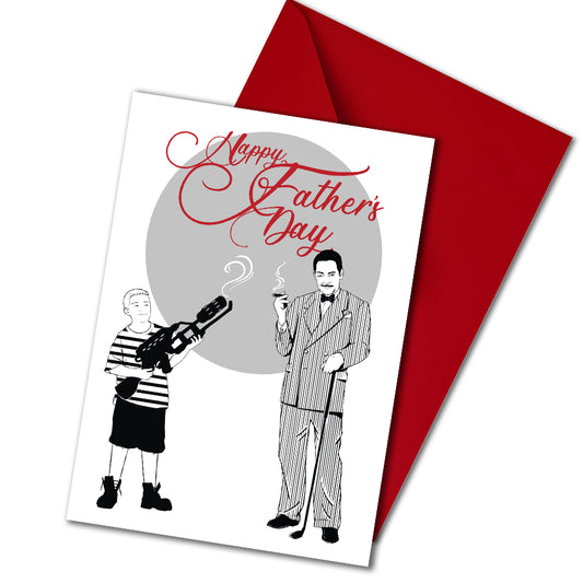 Gothic Father’s Day card featuring Gomez Addams with Pugsley holding a weapon, and Wednesday Addams illustration on the back. Includes red envelope. A5 size with gothic family humour for Wednesday fans and spooky alternative dads.