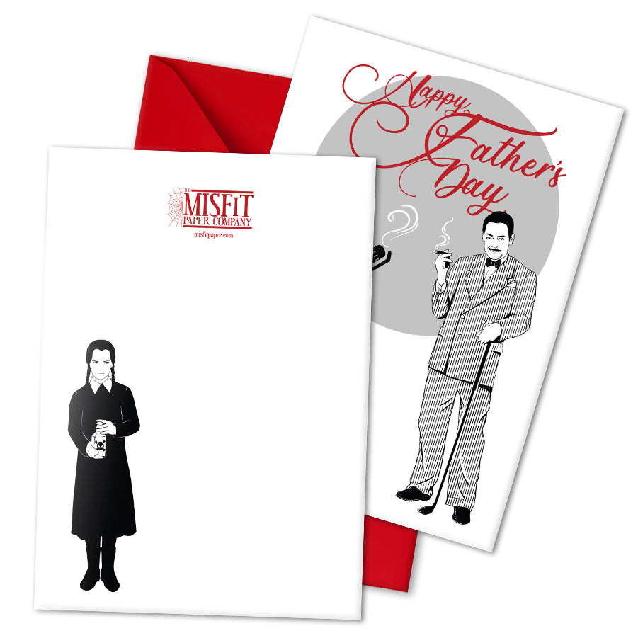 Gothic Father’s Day card featuring Gomez Addams with Pugsley holding a weapon, and Wednesday Addams illustration on the back. Includes red envelope. A5 size with gothic family humour for Wednesday fans and spooky alternative dads.
