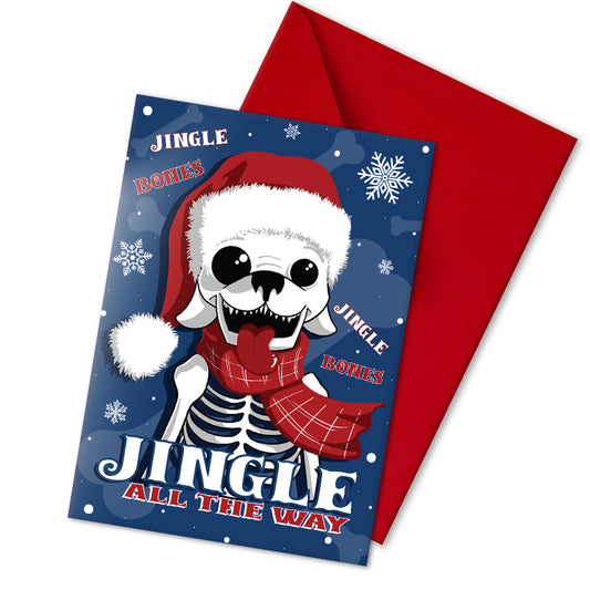 A5 glossy portrait Christmas card with cartoon skeleton dog wearing Santa hat and red scarf on dark blue background, snowflakes and “Jingle Bones” and "Jingle All The Way" text. Includes red envelope. Inside the lyric is completed with "Oh what fun it is to dig up treats in Santa's sleigh".