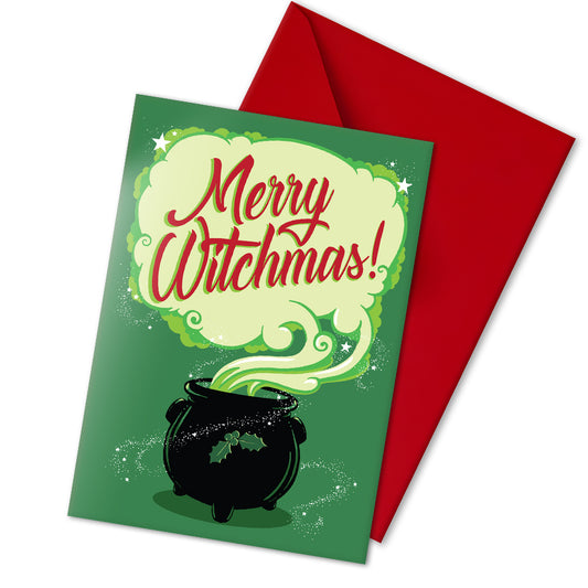 A large glossy greeting card reading "Merry Witchmas" in red, on a pale cloud of smoke from a black cauldron, all on a green background. Comes with a festive red envelope. Ideal for alternative christmas holiday.