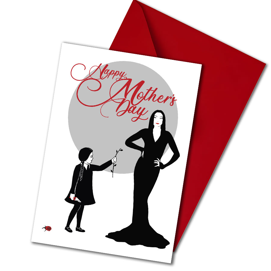 Large A5 glossy Mother’s Day card featuring Wednesday Addams giving Morticia a headless rose, with Pugsley causing mischief on the back. Includes red envelope and blank interior, perfect for spooky, gothic, and alternative mums.