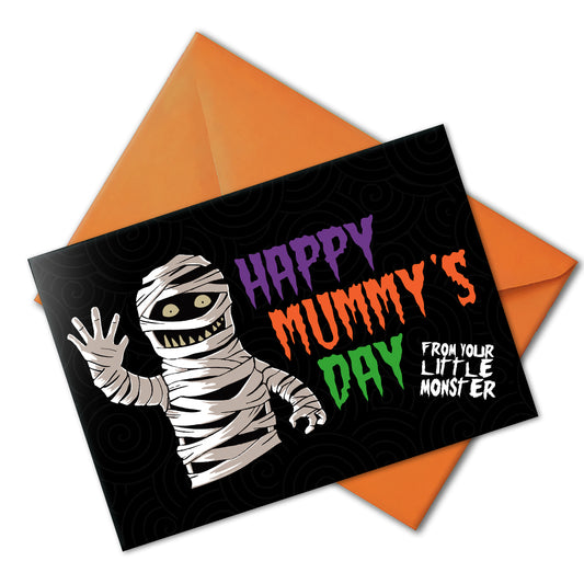A large landscape A5 greeting card featuring a spooky cute mummy illustration with the phrase "Happy Mummy’s Day" in bold Halloween colours. The inside is decorated with a spiral motif but has no text. Comes with a bright orange envelope.