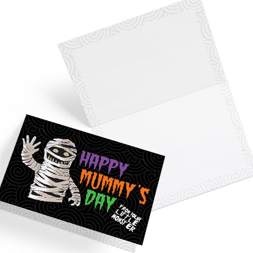 A large landscape A5 greeting card featuring a spooky cute mummy illustration with the phrase "Happy Mummy’s Day" in bold Halloween colours. The inside is decorated with a spiral motif but has no text. Comes with a bright orange envelope.