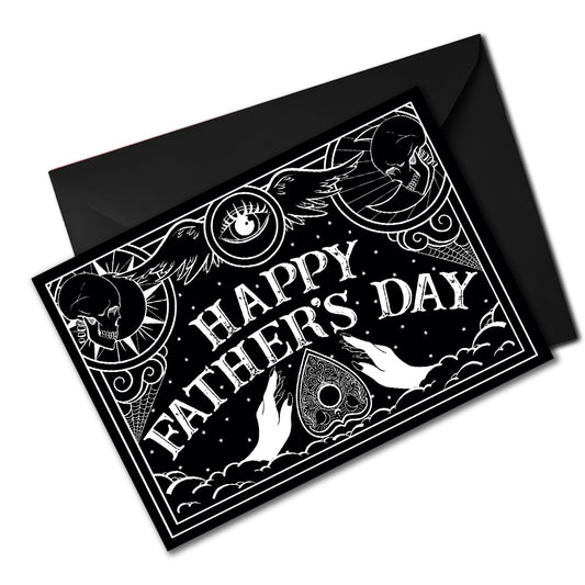 A5 gothic Father’s Day card featuring black and white Ouija board design with ornate “Happy Father’s Day” lettering and planchette detail. Blank inside with envelope. Ideal for witchy, spooky, or alternative dads.