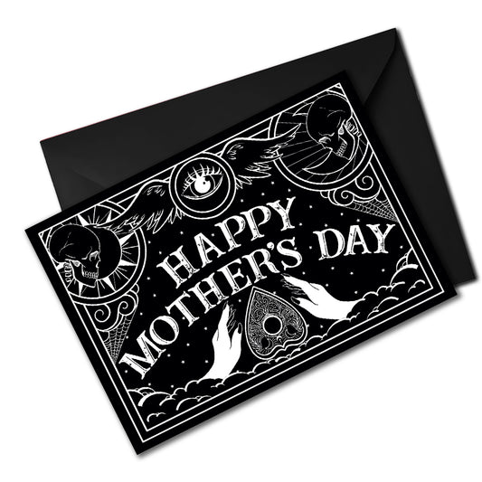 Gothic Mother’s Day card with black and white Ouija board design and ornate planchette details, blank inside with illustrated interior and matching envelope.