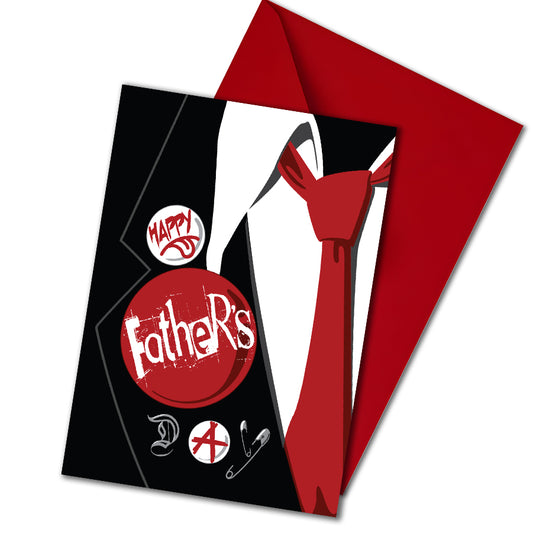 Alternative Father’s Day card featuring a red tie and punk pins spelling “Happy Father’s Day” on a black jacket, with red envelope and illustrated inside panel.