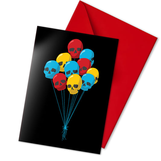 Black birthday card featuring a bunch of colourful skull-shaped balloon with blue string, perfect for alternative and spooky celebrations.