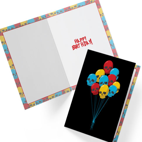 Black birthday card featuring a bunch of colourful skull-shaped balloon with blue string, perfect for alternative and spooky celebrations.