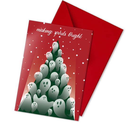 A5 glossy portrait Christmas card with red background and starry sky. Green tree flooded with semi-transparent ghosts, white script text “making spirits bright”. Small ghost and stars print inside. Includes red envelope. Blank area for message.