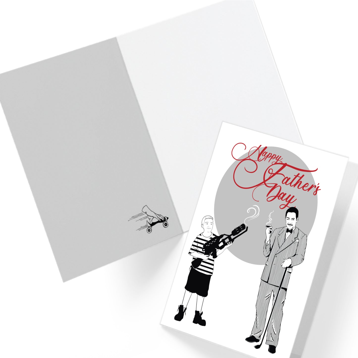 Gothic Father’s Day card featuring Gomez Addams with Pugsley holding a weapon, and Wednesday Addams illustration on the back. Includes red envelope. A5 size with gothic family humour for Wednesday fans and spooky alternative dads.