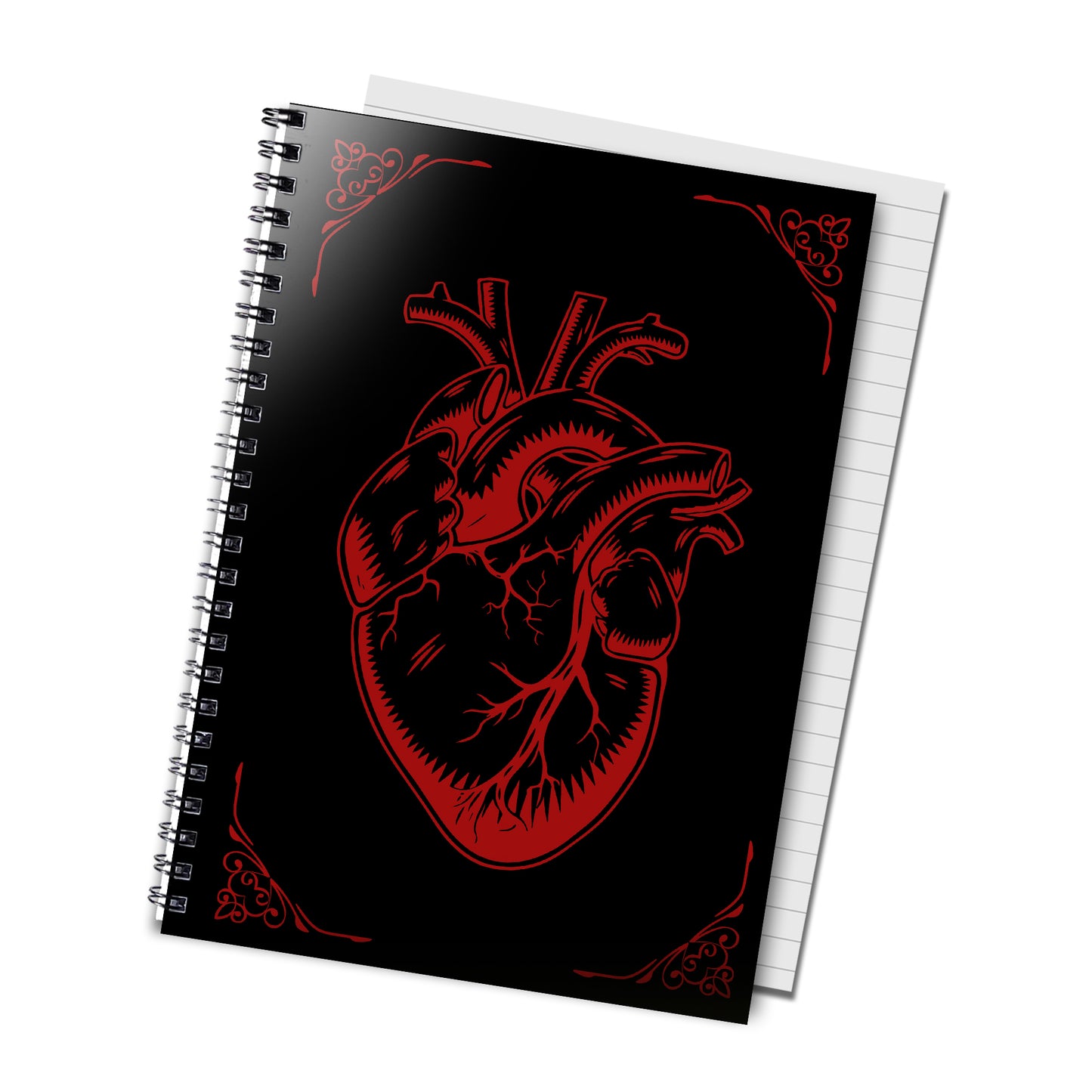 A5 wirebound gothic notebook with glossy black cover featuring a Victorian-style anatomical heart and red gothic lettering. Contains 50 ruled white pages.