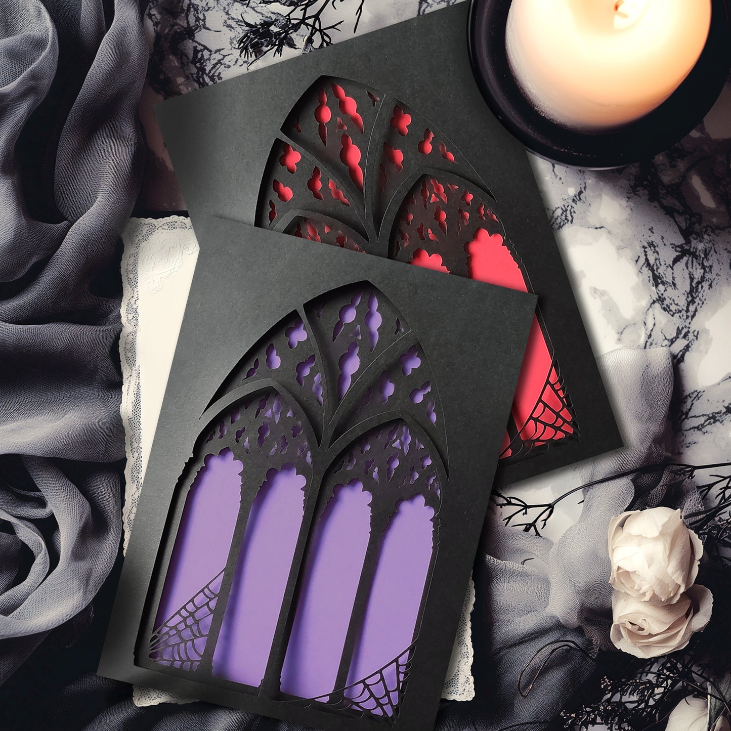 black, triple layered greeting card with a cut-out gothic arch design. available in purple, red and heart motif. perfect for weddings, anniversaries and birthdays, also as a framed keepsake.
