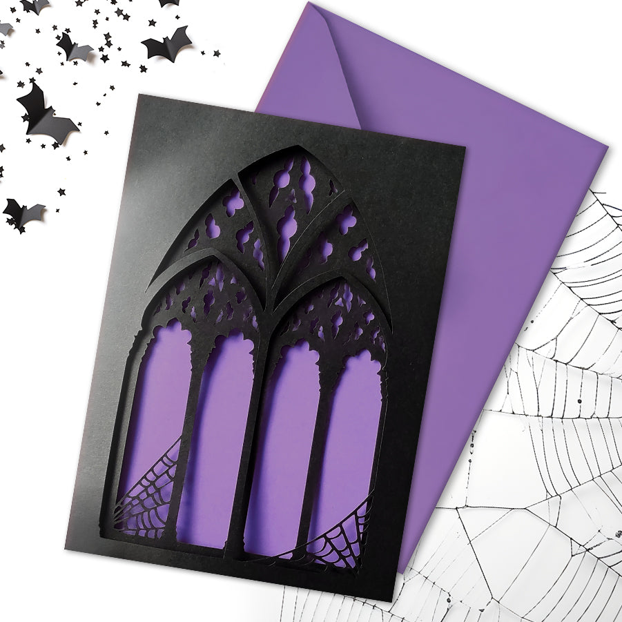 black, triple layered greeting card with a cut-out gothic arch design. available in purple, red and heart motif. perfect for weddings, anniversaries and birthdays, also as a framed keepsake.