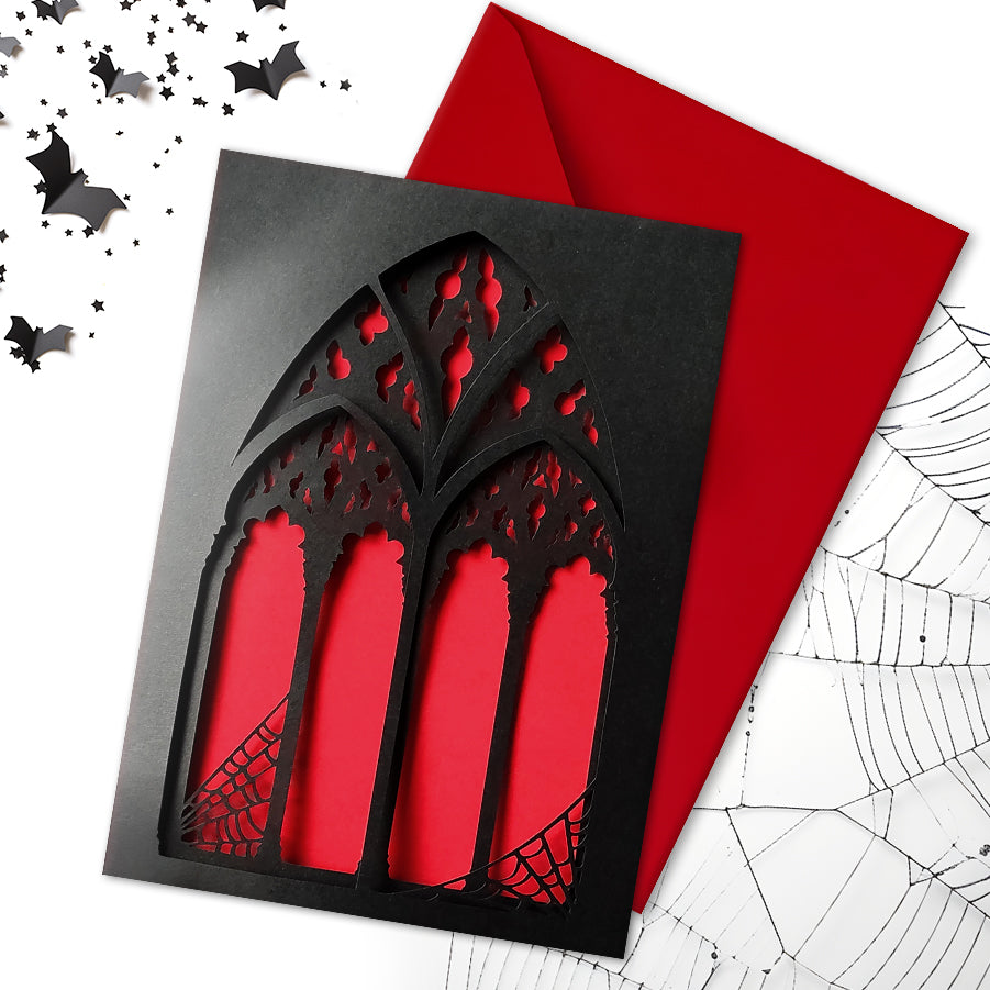 black, triple layered greeting card with a cut-out gothic arch design. available in purple, red and heart motif. perfect for weddings, anniversaries and birthdays, also as a framed keepsake.