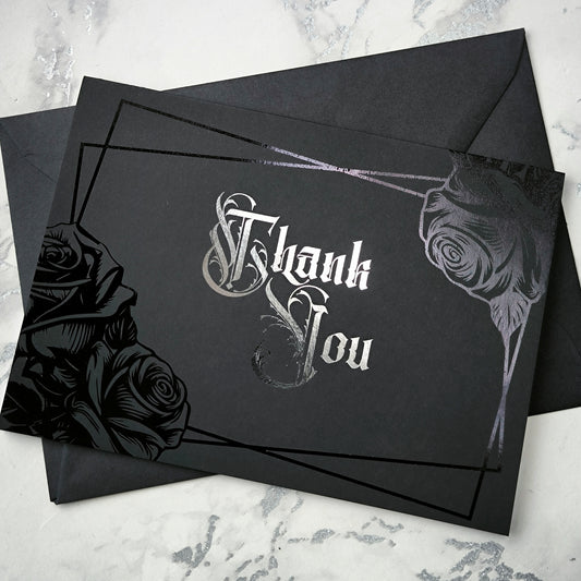 Handmade gothic thank you card with black rose foil and silver Victorian lettering. Blank inside, perfect for gothic, emo, dark fantasy, or horror lovers, it’s a striking alternative to the usual plain thank-you notes.