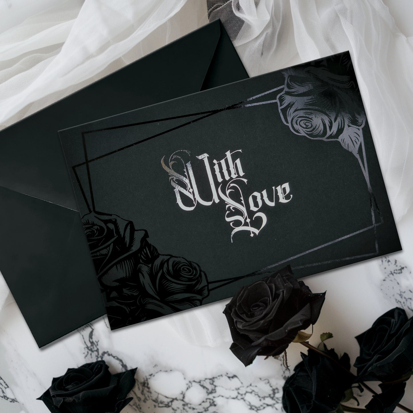 Black Rose Foiled With Love Card features deep black foiled roses and ornate silver foiled Victorian lettering reading “With Love.”