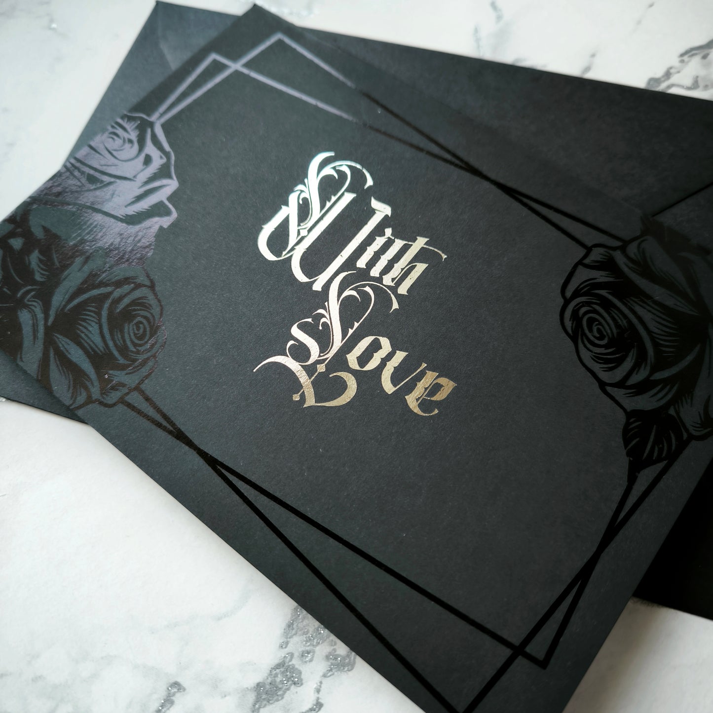 Black Rose Foiled With Love Card features deep black foiled roses and ornate silver foiled Victorian lettering reading “With Love.”