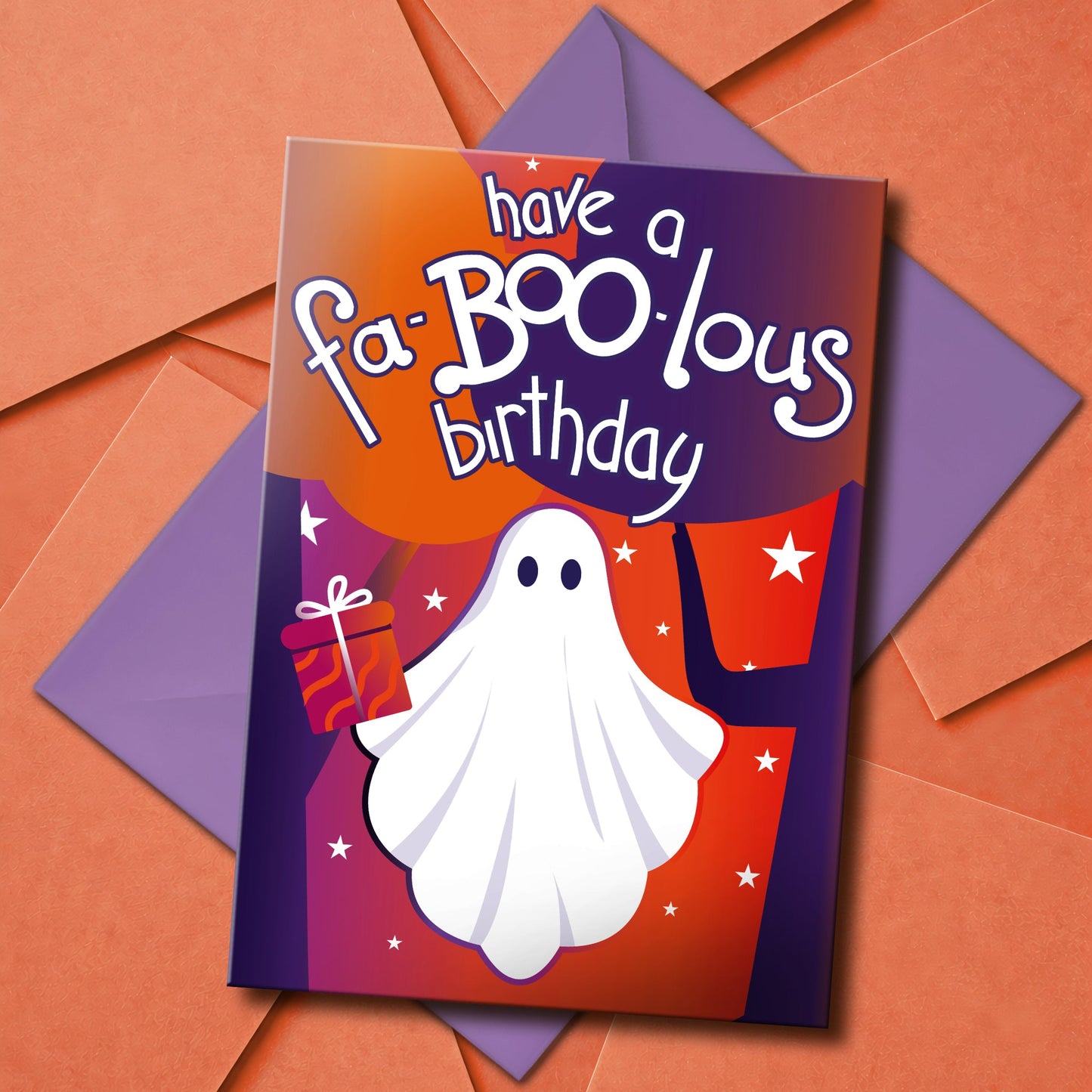 Large glossy A5 birthday card with spooky ghost characters and bold lettering that reads “Have a Fa-BOO-lous Birthday.” A 58mm badge with a custom age is attached to the front. Blank inside with envelope included. Perfect for gothic, alternative, and Halloween-loving birthday celebrators.