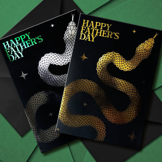 Handmade gothic Father’s Day card with foil snake design on black cardstock, available in gold or silver with coloured interiors, perfect for alternative dads.