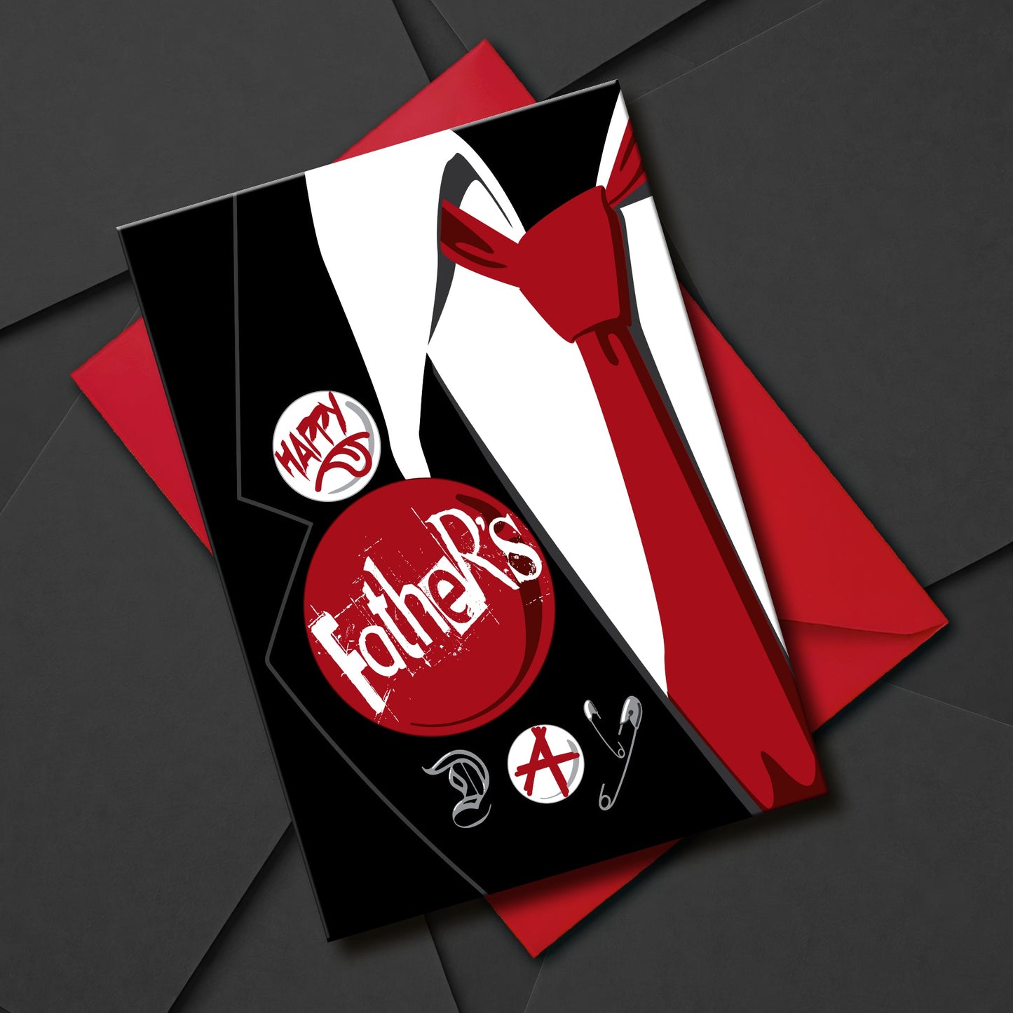 Alternative Father’s Day card featuring a red tie and punk pins spelling “Happy Father’s Day” on a black jacket, with red envelope and illustrated inside panel.