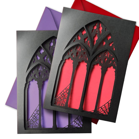 black, triple layered greeting card with a cut-out gothic arch design. available in purple, red and heart motif. perfect for weddings, anniversaries and birthdays, also as a framed keepsake.