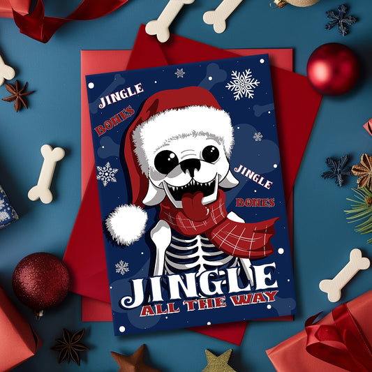 A5 glossy portrait Christmas card with cartoon skeleton dog wearing Santa hat and red scarf on dark blue background, snowflakes and “Jingle Bones” and "Jingle All The Way" text. Includes red envelope. Inside the lyric is completed with "Oh what fun it is to dig up treats in Santa's sleigh".