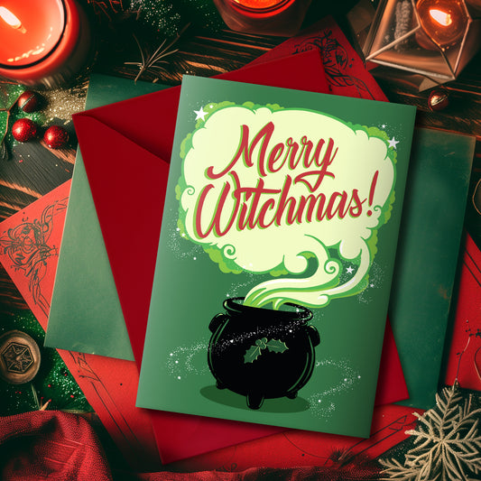 A large glossy greeting card reading "Merry Witchmas" in red, on a pale cloud of smoke from a black cauldron, all on a green background. Comes with a festive red envelope. Ideal for alternative christmas holiday.