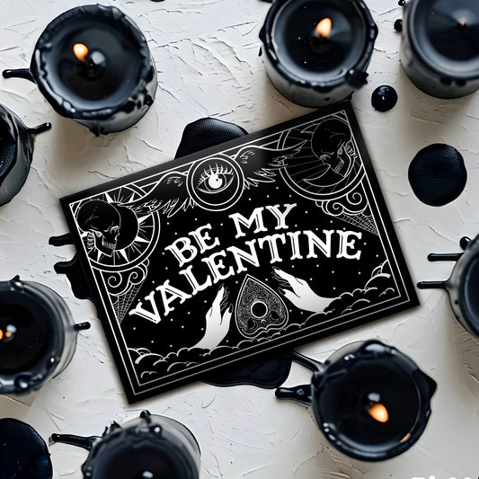 A black and white card with a ouija board design, and the text "Be My Valentine" in a gothic font. The card features an intricate spooky design and an interior illustration.