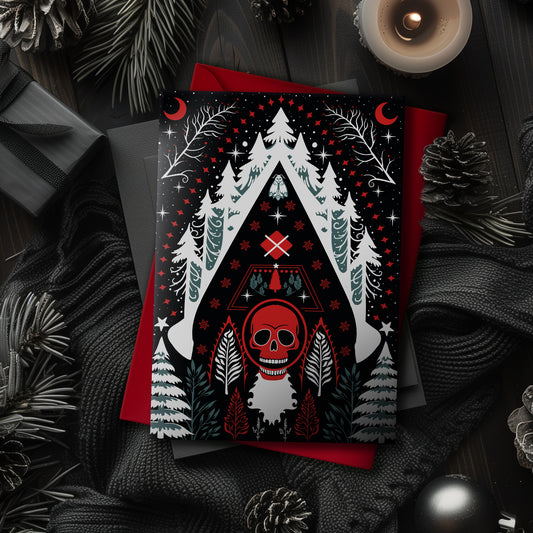 A5 glossy portrait greeting card with Scandi folk art design. Black background, white snowy pines, red crescents, stars, and a central red skull Santa motif. Graphic botanical details. Includes red envelope. Blank inside.