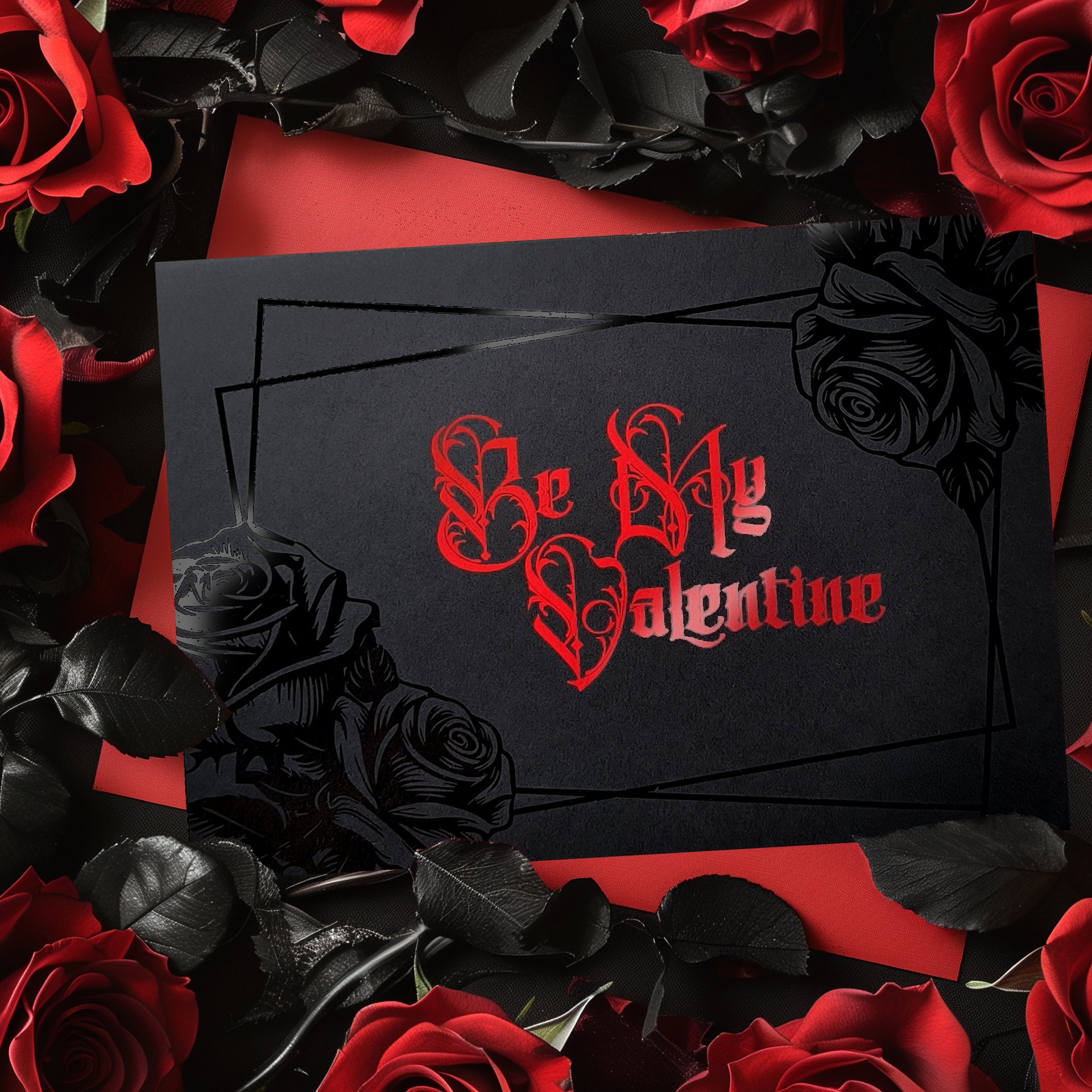 Zwarte folie roos Be My Valentine kaart