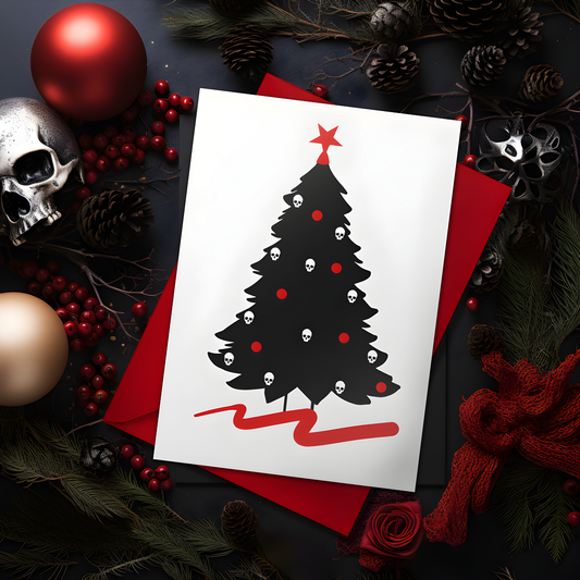 A5 glossy portrait Christmas card on white with black tree silhouette decorated with small skull baubles and a red pentacle star topper, red sweep at base. Includes red envelope. Blank inside.