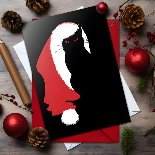 A5 glossy portrait Christmas card on black with minimalist red Santa hat and white trim forming space for a black cat silhouette with red eyes. Clean graphic style. Includes red envelope. Blank inside.
