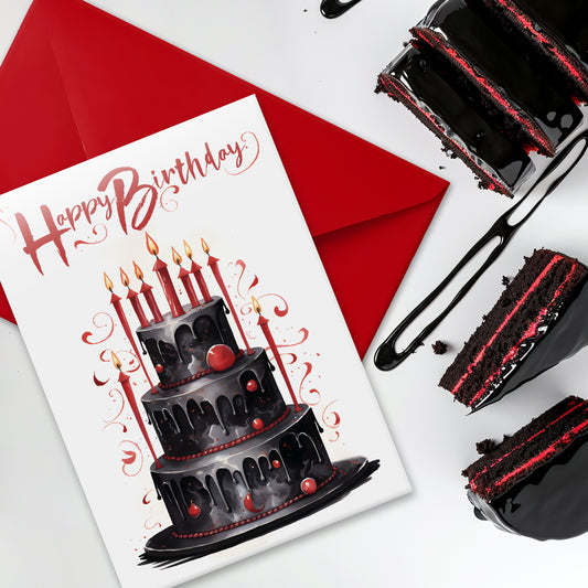 Large glossy A5 birthday card featuring a black tiered cake with dripping icing and tall candles. Available in red or purple. Blank inside with envelope included. Perfect for gothic, witchy, and alternative birthday celebrations.