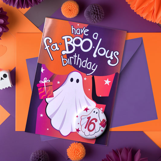 Fa-BOO-lous Ghost Birthday Card & Badge