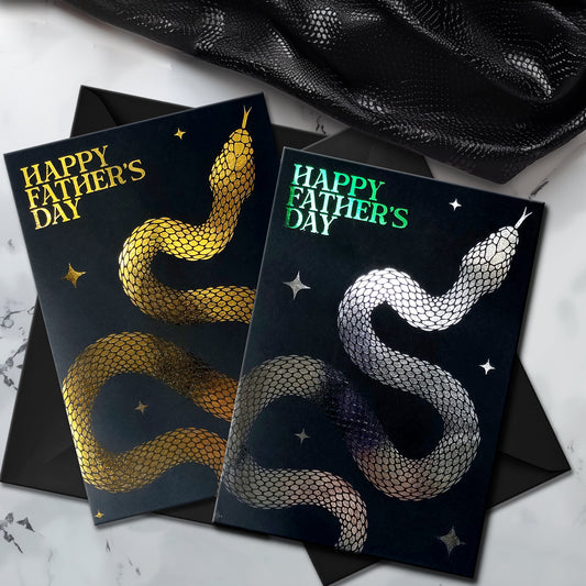 Handmade gothic Father’s Day card with foil snake design on black cardstock, available in gold or silver with coloured interiors, perfect for alternative dads.