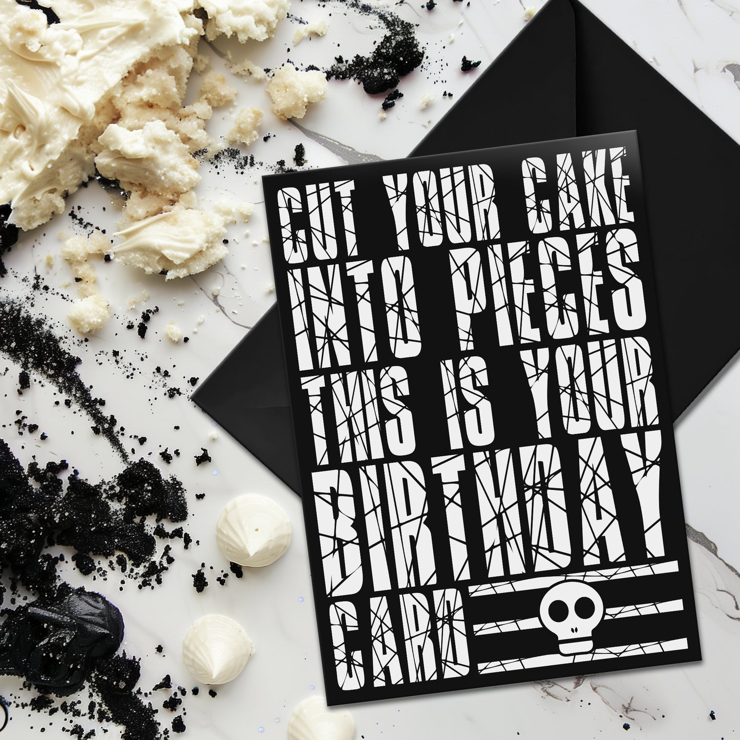 Glossy black birthday card with bold white text parodying Papa Roach lyrics: “Cut your cake into pieces, this is your birthday card.” Perfect for emo, punk, and alternative music fans. A5 size, blank inside, includes envelope.