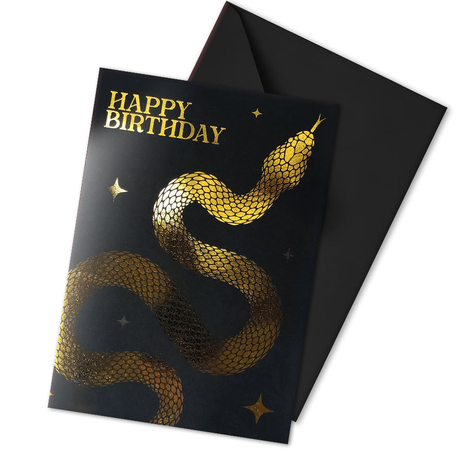 Handmade gothic birthday card with metallic foil snake design on black cardstock, available in gold or silver with coloured interiors and matching envelope.