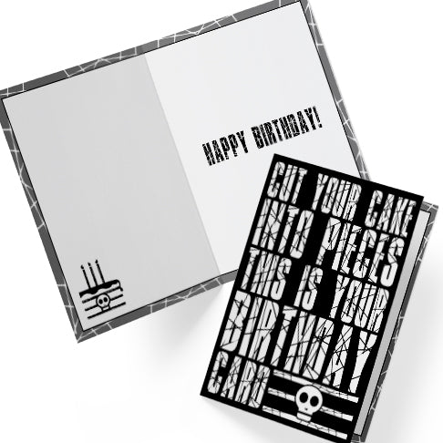 Glossy black birthday card with bold white text parodying Papa Roach lyrics: “Cut your cake into pieces, this is your birthday card.” Perfect for emo, punk, and alternative music fans. A5 size, blank inside, includes envelope.