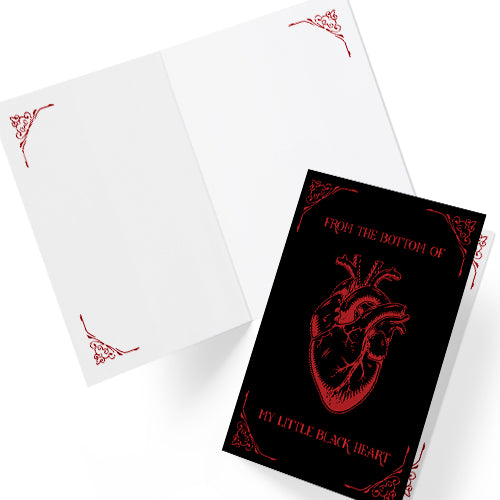 Glossy black A5 card with a lifelike red Victorian heart illustration. Text says “From the Bottom of My Little Black Heart.” Includes envelope. Perfect for goth and alternative romance.