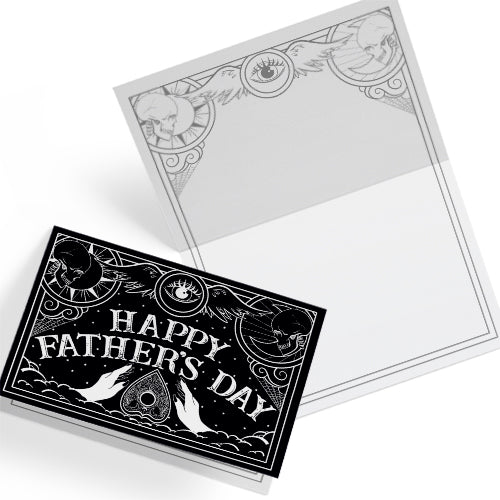 A5 gothic Father’s Day card featuring black and white Ouija board design with ornate “Happy Father’s Day” lettering and planchette detail. Blank inside with envelope. Ideal for witchy, spooky, or alternative dads.