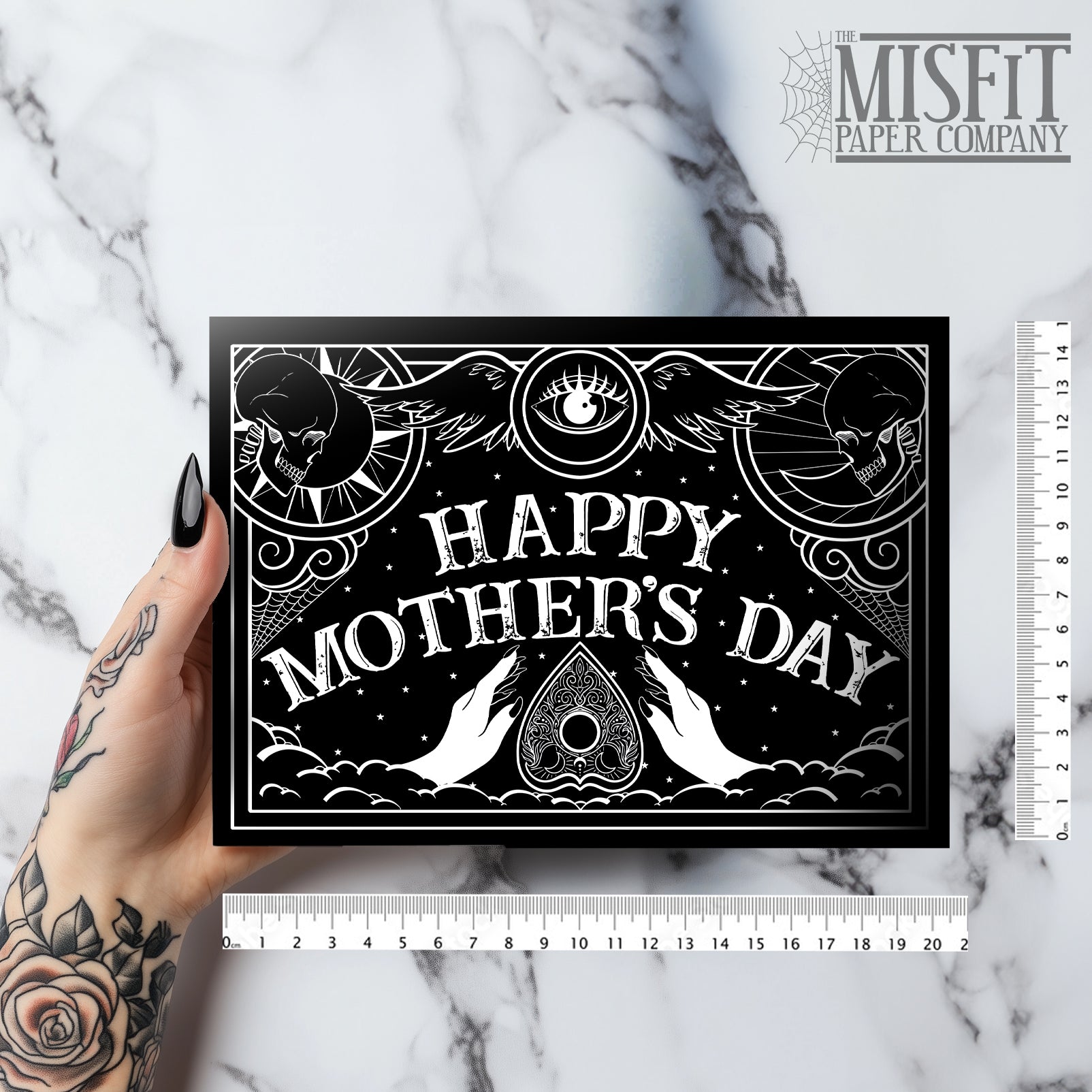 Gothic Mother’s Day card with black and white Ouija board design and ornate planchette details, blank inside with illustrated interior and matching envelope.